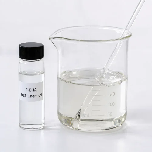 2-ethylhexyl-acrylate-cas-103-11-7-clear-liquid-sample Clear transparent 2-Ethylhexyl Acrylate (2-EHA) liquid in a glass beaker and sample vial, CAS 103-11-7, UET Chemical