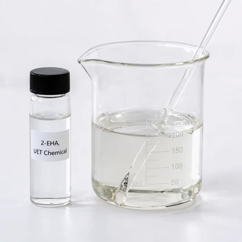 2-ethylhexyl-acrylate-cas-103-11-7-clear-liquid-sample Clear transparent 2-Ethylhexyl Acrylate (2-EHA) liquid in a glass beaker and sample vial, CAS 103-11-7, UET Chemical