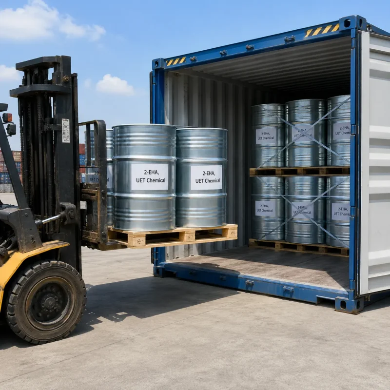 2-ethylhexyl-acrylate-cas-103-11-7-container-loading-shipment Forklift loading 2-EHA steel drums into a 20ft container for export, 2-Ethylhexyl Acrylate CAS 103-11-7 by UET Chemical
