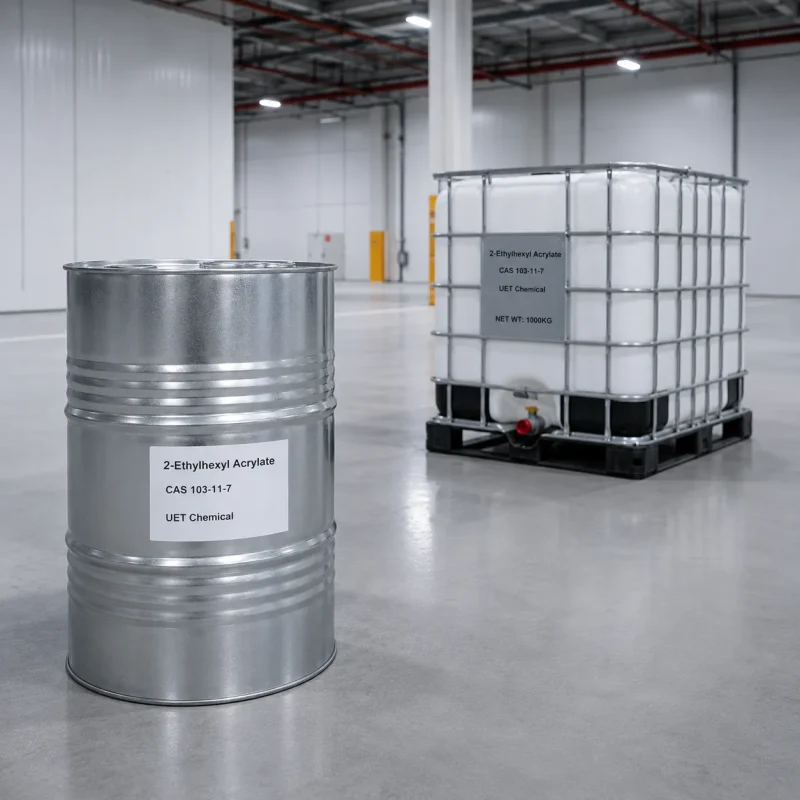 2-ethylhexyl-acrylate-cas-103-11-7-drum-ibc-tote-warehouse 200kg galvanized steel drum and 1000kg IBC tote of 2-Ethylhexyl Acrylate (CAS 103-11-7) in UET Chemical warehouse