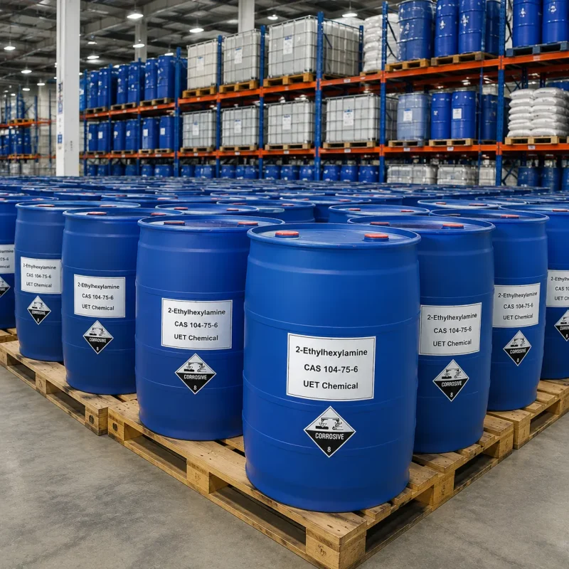 2-ethylhexylamine-2-eha-cas-104-75-6-blue-drum-bulk Rows of blue plastic drums containing 2-Ethylhexylamine (2-EHA, CAS 104-75-6) on wooden pallets in warehouse, labeled UET Chemical with Corrosive Class 8 hazard symbol, bulk supply for chemical intermediates