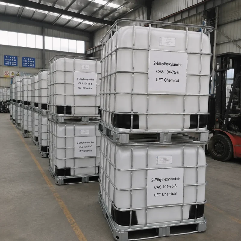 2-ethylhexylamine-cas-104-75-6-ibc-tote-tank Stacked white IBC tote tanks (1000L) of 2-Ethylhexylamine (2-EHA, CAS 104-75-6) in industrial yard with forklift nearby, labeled UET Chemical, ready for shipment