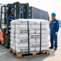2-naphthol-cas-135-19-3-25kg-bags-forklift-container-loading-1 Forklift driver and Chinese worker transporting a wrapped pallet of 25kg 2-Naphthol (CAS 135-19-3) bags at the chemical shipping yard, demonstrating strong bulk export logistics capabilities.