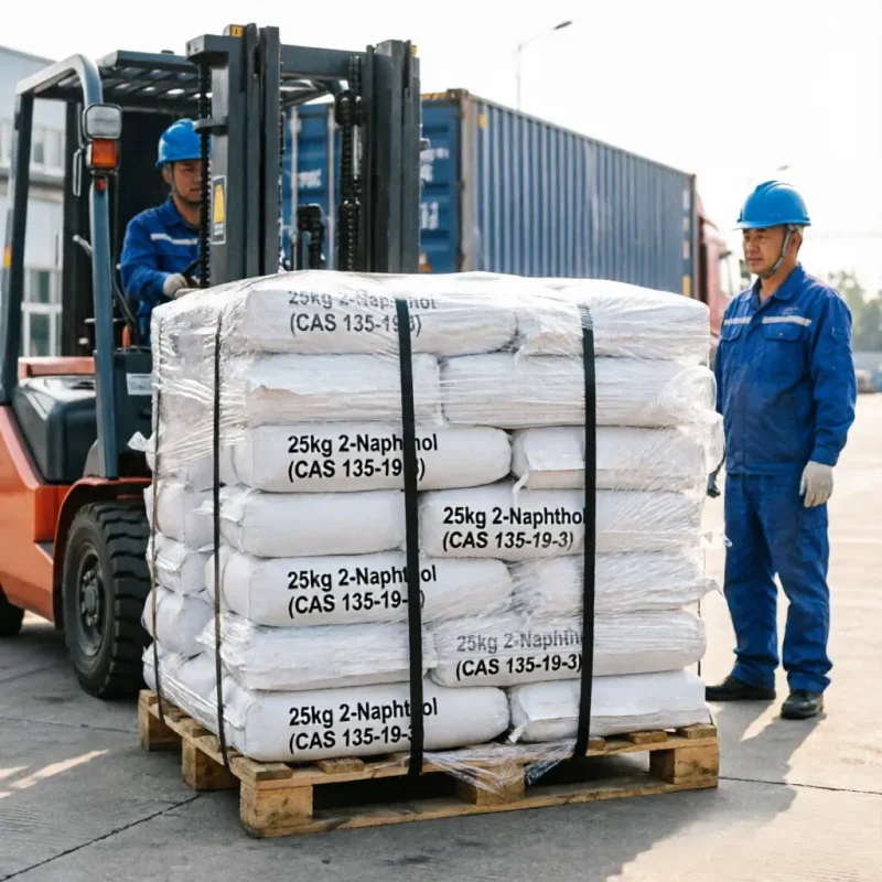 2-naphthol-cas-135-19-3-25kg-bags-forklift-container-loading-1 Forklift driver and Chinese worker transporting a wrapped pallet of 25kg 2-Naphthol (CAS 135-19-3) bags at the chemical shipping yard, demonstrating strong bulk export logistics capabilities.