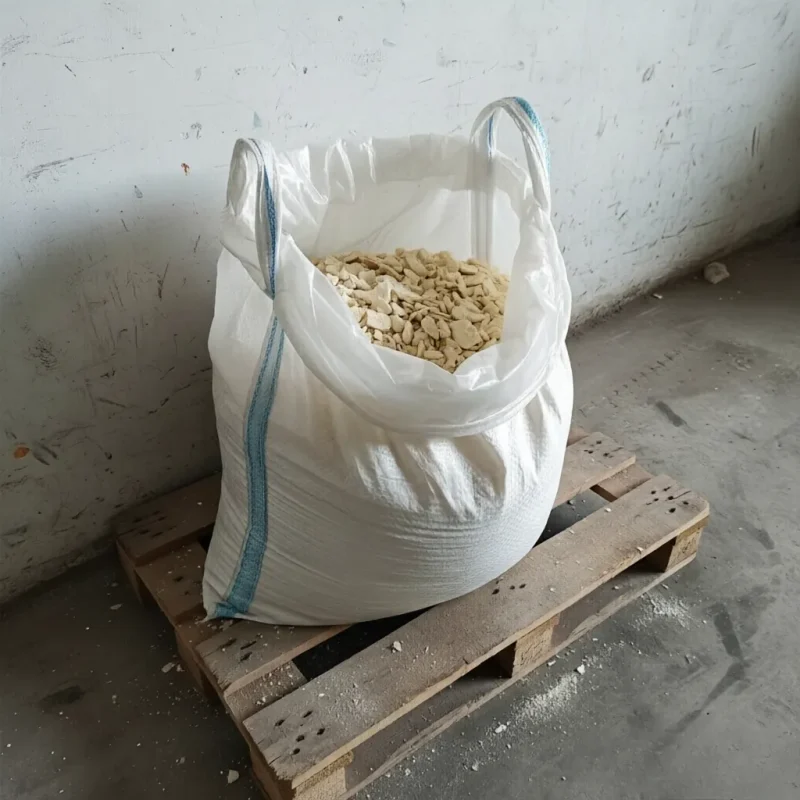 2-naphthol-cas-135-19-3-fibc-bulk-bag-flakes-pallet Bulk 1-ton FIBC bag of 2-Naphthol Crystals CAS 135-19-3 flakes open on a wooden pallet, offering large-volume industrial packaging for commercial scale chemical manufacturers.