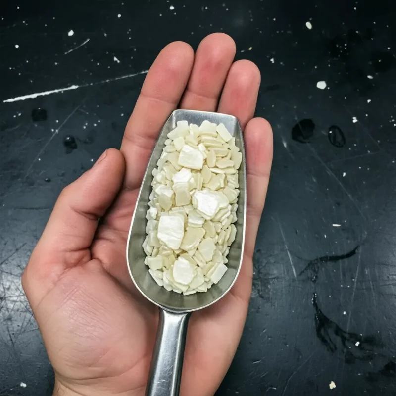 2-naphthol-crystals-cas-135-19-3-flake-appearance-scoop Macro close-up of creamy white 2-Naphthol Crystals CAS 135-19-3 flakes in a stainless steel scoop, showcasing its pure physical appearance and flake texture for dye synthesis and rubber intermediates.