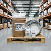 2-naphthoxyacetic-acid-cas-120-23-0-25kg-fiber-drum-sample-flexible-packaging Flexible packaging for 2-Naphthoxyacetic Acid CAS 120-23-0: featuring a 25kg fiber drum with an inner moisture-proof PE liner, alongside an aluminum foil sample bag and a 100g lab jar, showing the batch number and chemical structure formula.