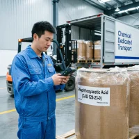2-naphthoxyacetic-acid-cas-120-23-0-warehouse-inventory-scanning-transport Chinese worker scanning 2-Naphthoxyacetic Acid CAS 120-23-0 paper drums for digital inventory check, standing next to a chemical dedicated transport truck and forklift, ensuring accurate and safe industrial shipping.