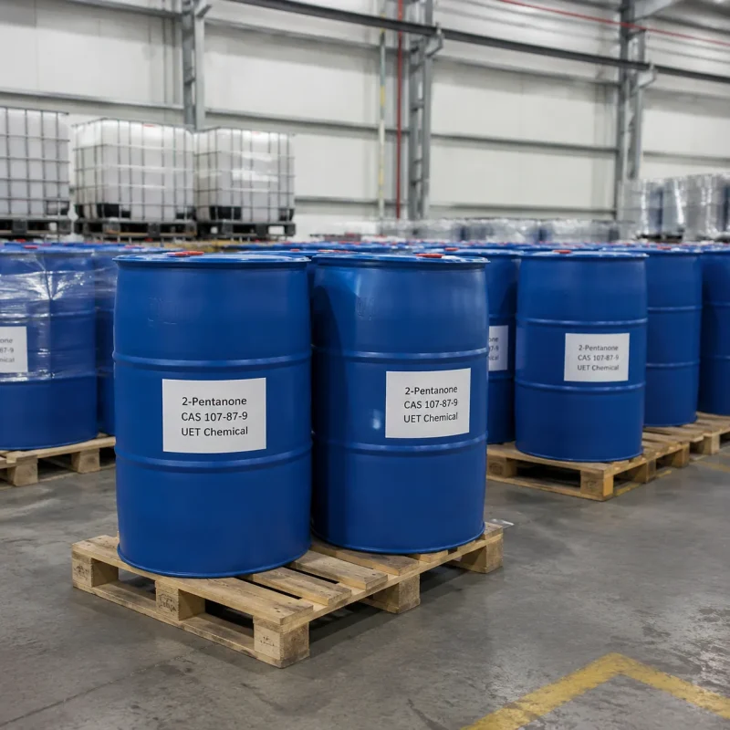 2-pentanone-mpk-200kg-blue-drum-warehouse Rows of 200kg blue plastic drums of 2-Pentanone (MPK, CAS 107-87-9) on wooden pallets in industrial warehouse, labeled UET Chemical, bulk solvent packaging for coating and cleaning applications