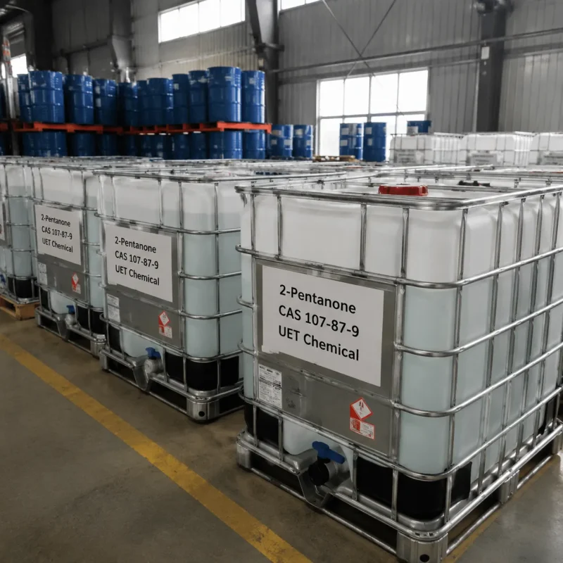 2-pentanone-mpk-ibc-tote-tank-flammable-liquid White IBC tote tanks with metal cage frames containing 2-Pentanone (MPK, CAS 107-87-9), labeled UET Chemical, displaying flammable liquid hazard symbol, arranged in warehouse for large-volume industrial distribution
