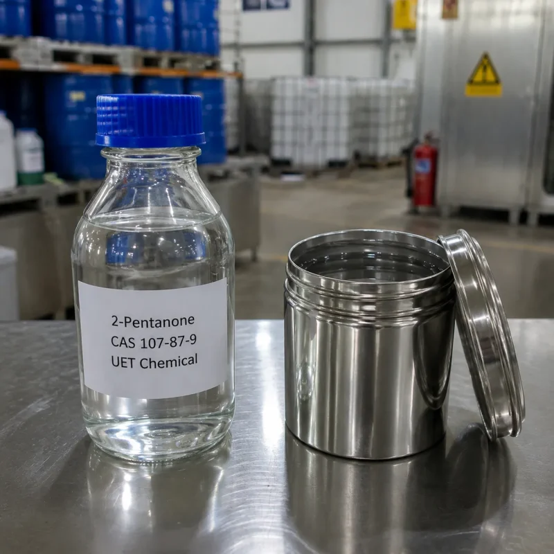 2-pentanone-mpk-liquid-sample-bottle-metal-can Clear glass bottle with blue cap containing liquid 2-Pentanone (MPK, CAS 107-87-9) placed next to an open stainless steel can on a metal lab table, UET Chemical brand sample display