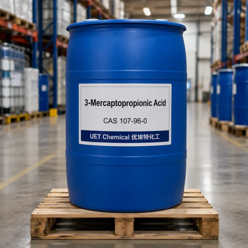 3-mercaptopropionic-acid-cas-107-96-0-blue-plastic-drum-on-pallet Blue plastic drum of 3-Mercaptopropionic Acid CAS 107-96-0 on a wooden pallet in a warehouse, labeled with UET Chemical branding and product details.