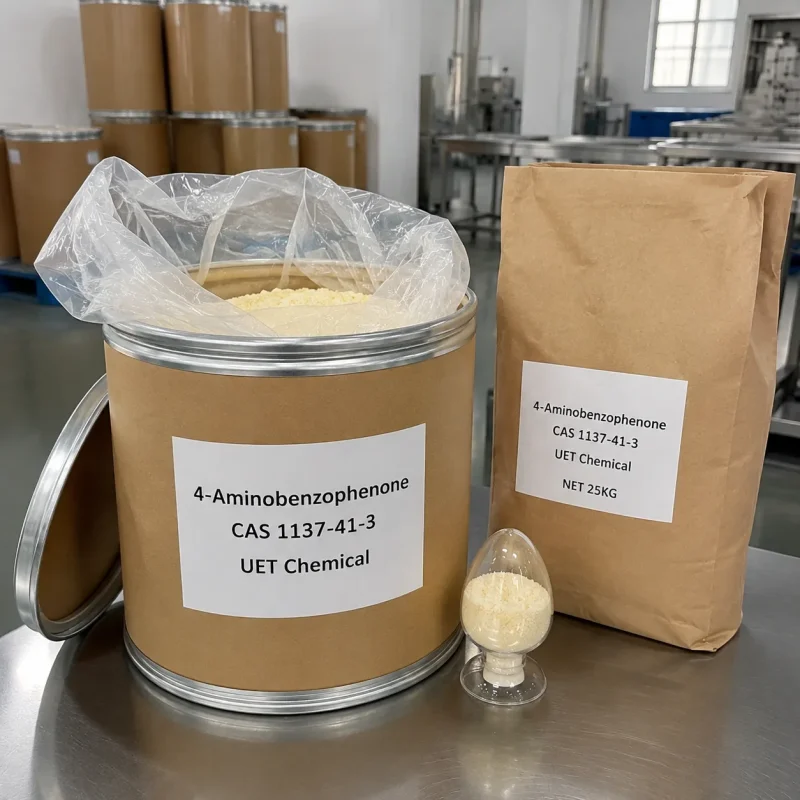 4-aminobenzophenone-cas-1137-41-3-industrial-packaging-supply 4-Aminobenzophenone CAS 1137-41-3 industrial chemical packaging with 25kg paper bag, fiber drum and powder sample for global export supply