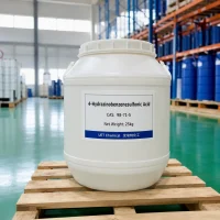 4-hydrazinobenzenesulfonic-acid-cas-98-71-5-25kg-white-plastic-drum 25kg white plastic drum of 4-Hydrazinobenzenesulfonic Acid CAS 98-71-5 on a wooden pallet in a warehouse, label showing net weight and UET Chemical branding.