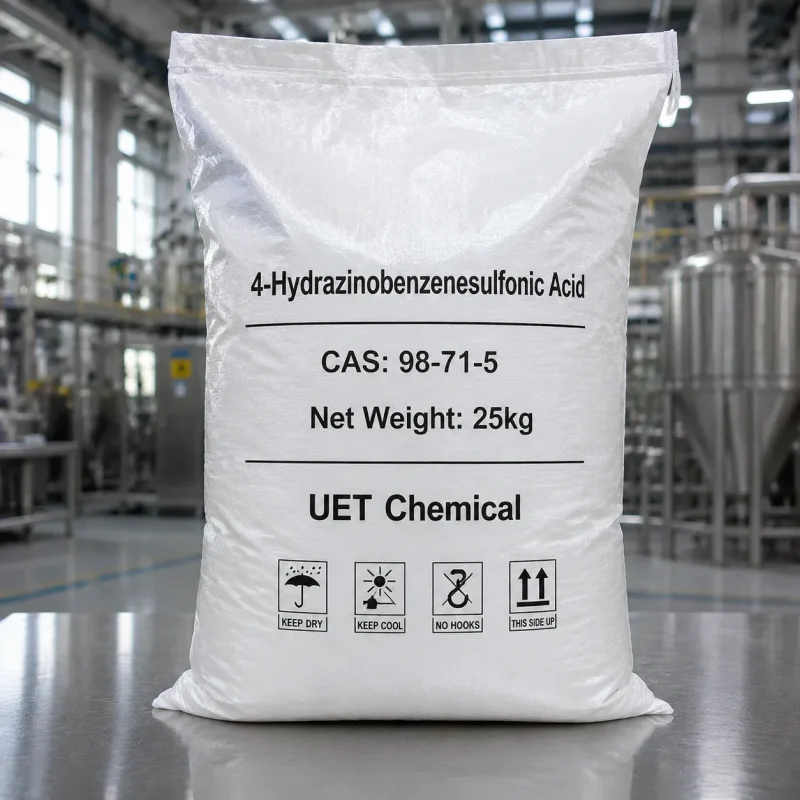 4-hydrazinobenzenesulfonic-acid-cas-98-71-5-25kg-white-woven-bag 25kg white woven bag of 4-Hydrazinobenzenesulfonic Acid CAS 98-71-5 on a metal table in a factory, featuring storage icons like keep dry and keep cool.