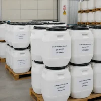 5-sulfosalicylic-acid-dihydrate-white-plastic-drum-warehouse Stacked white plastic drums with black lids containing 5-Sulfosalicylic Acid Dihydrate (CAS 5965-83-3), labeled UET Chemical, arranged on pallets in industrial warehouse for medium-volume distribution