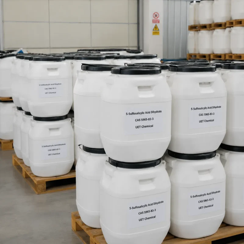 5-sulfosalicylic-acid-dihydrate-white-plastic-drum-warehouse Stacked white plastic drums with black lids containing 5-Sulfosalicylic Acid Dihydrate (CAS 5965-83-3), labeled UET Chemical, arranged on pallets in industrial warehouse for medium-volume distribution