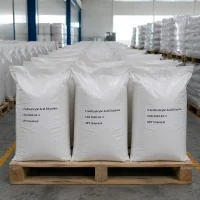 5-sulfosalicylic-acid-dihydrate-white-woven-bag-pallet-stock Rows of white woven bags filled with 5-Sulfosalicylic Acid Dihydrate (CAS 5965-83-3) stacked on wooden pallets in warehouse, labeled UET Chemical, ready for bulk industrial shipment