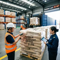6ppd-cas-793-24-8-bulk-container-loading-20-mt-export Forklift loading palletized 6PPD Rubber Antioxidant CAS 793-24-8 bags into a shipping container while Chinese staff verify shipment using handheld scanners and tablets, ensuring accurate 20 metric tons bulk export.