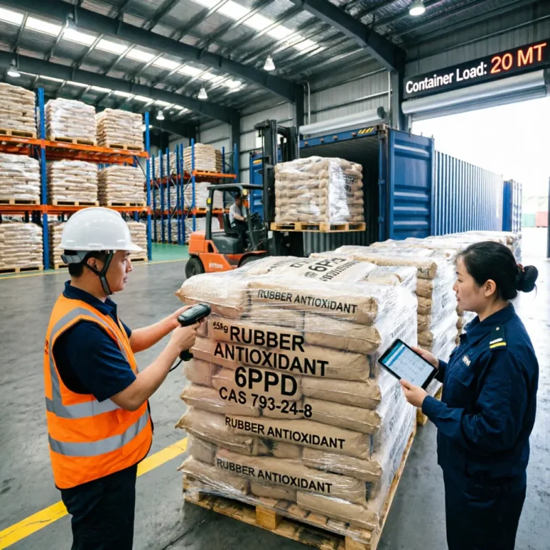6ppd-cas-793-24-8-bulk-container-loading-20-mt-export Forklift loading palletized 6PPD Rubber Antioxidant CAS 793-24-8 bags into a shipping container while Chinese staff verify shipment using handheld scanners and tablets, ensuring accurate 20 metric tons bulk export.