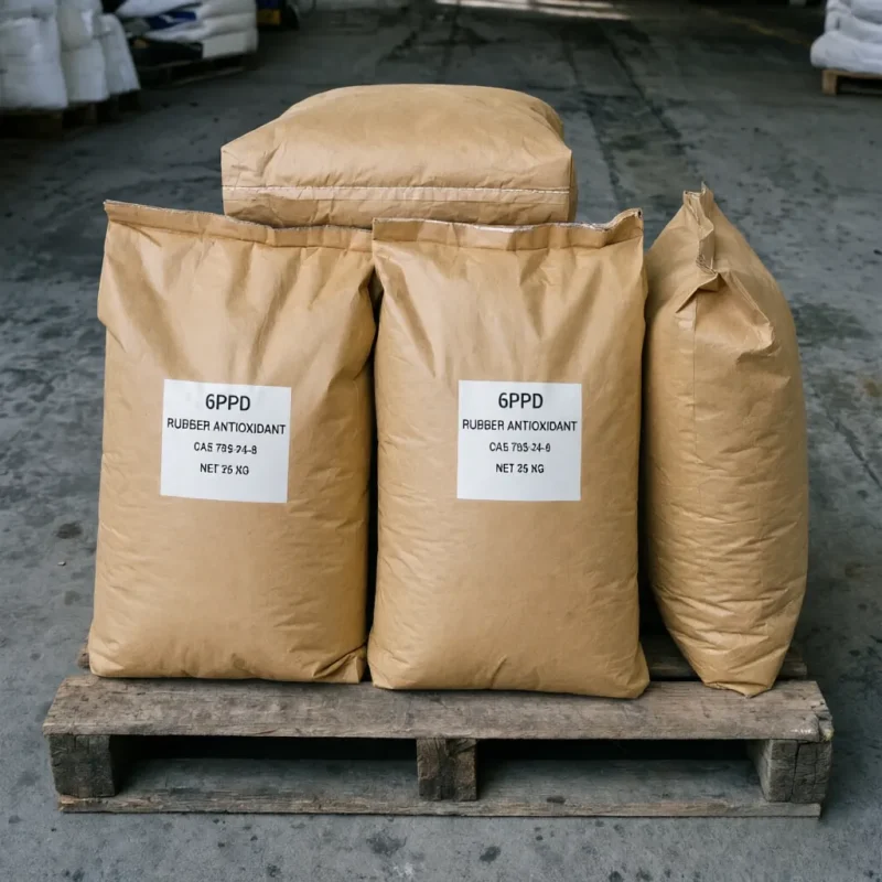 6ppd-rubber-antioxidant-cas-793-24-8-25kg-bulk-paper-bags Bulk 25kg kraft paper bags of 6PPD Rubber Antioxidant CAS 793-24-8 stacked on a wooden pallet, ready for industrial rubber manufacturing and bulk supply.