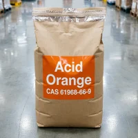 acid-orange-cas-61968-66-9-kraft-paper-bag Industrial Acid Orange CAS 61968-66-9 packed in a 25kg kraft paper bag with a clear orange label, a key anionic dye for textile wool and nylon coloring.