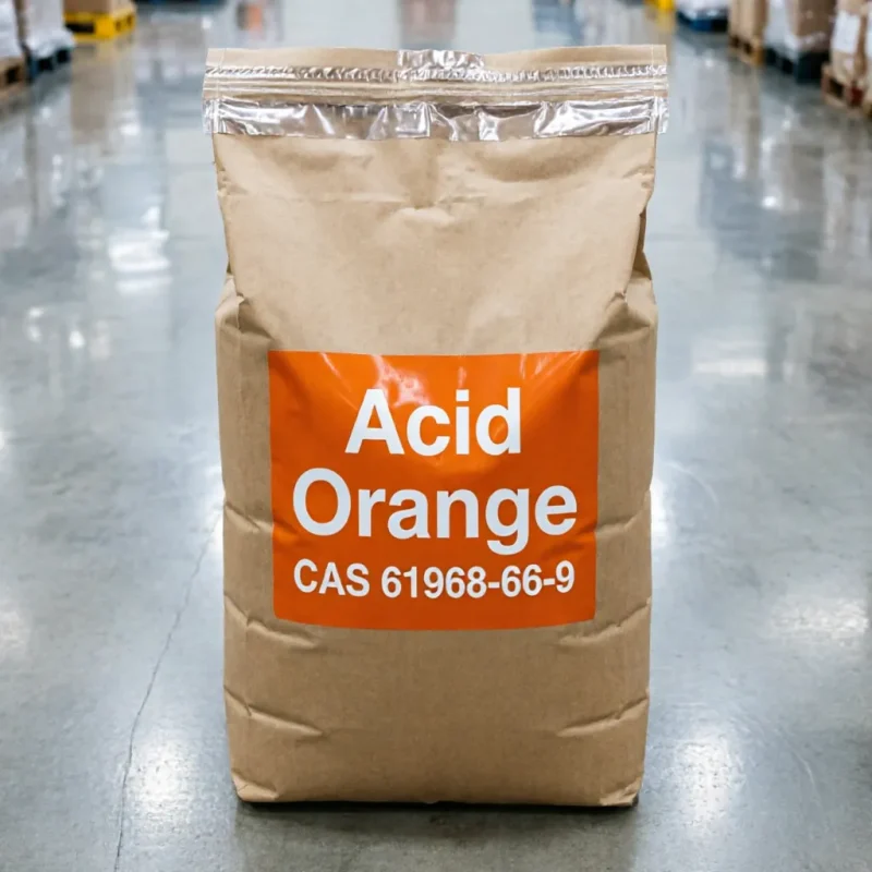 acid-orange-cas-61968-66-9-kraft-paper-bag Industrial Acid Orange CAS 61968-66-9 packed in a 25kg kraft paper bag with a clear orange label, a key anionic dye for textile wool and nylon coloring.