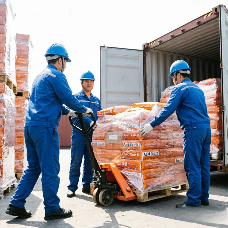 acid-orange-dye-container-loading-manual-pallet-jack Export logistics of Acid Orange CAS 61968-66-9: workers using a manual pallet jack to load stretch-wrapped bulk pallets into a shipping container, ensuring efficient B2B global delivery.