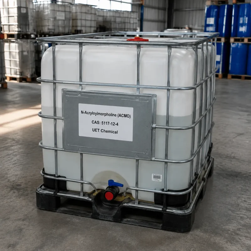 acmo-n-acryloylmorpholine-ibc-tote-tank-warehouse White IBC tote tank with metal cage frame containing N-Acryloylmorpholine (ACMO, CAS 5117-12-4), labeled UET Chemical, positioned in warehouse with blue drums in background, suitable for large-volume industrial use
