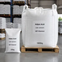 adipic-acid-cas-124-04-9-25kg-bag-1000kg-fibc-bag-packaging Adipic acid (CAS 124-04-9) packed in 25kg bags and 1000kg FIBC jumbo bags on warehouse pallets - UET Chemical
