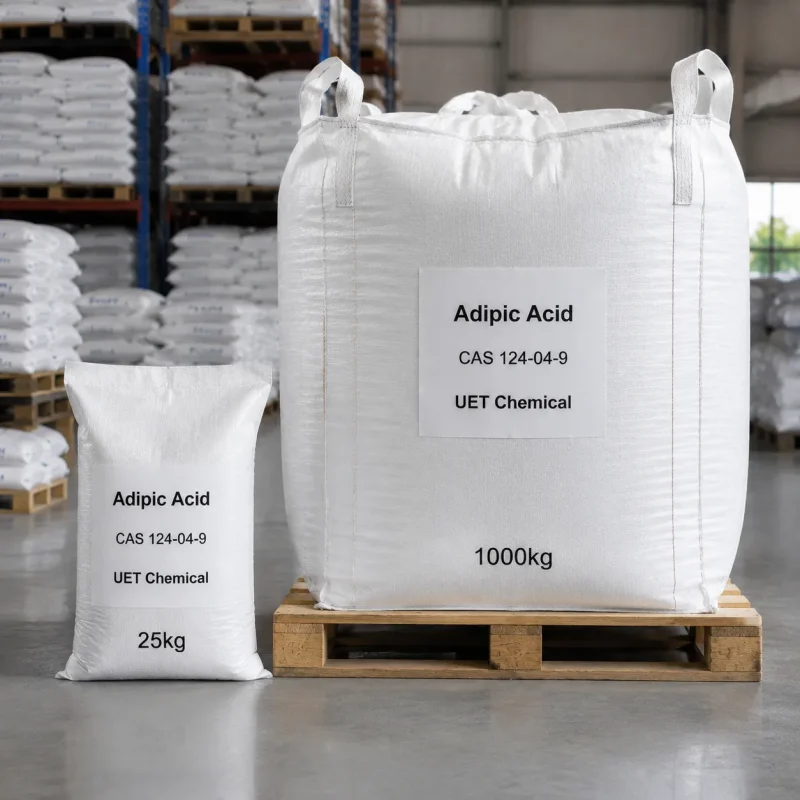 adipic-acid-cas-124-04-9-25kg-bag-1000kg-fibc-bag-packaging Adipic acid (CAS 124-04-9) packed in 25kg bags and 1000kg FIBC jumbo bags on warehouse pallets - UET Chemical