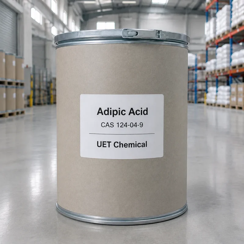 adipic-acid-cas-124-04-9-fiber-drum-packaging Adipic acid (CAS 124-04-9) export packaging in sealed fiber drums with metal locking lids - UET Chemical