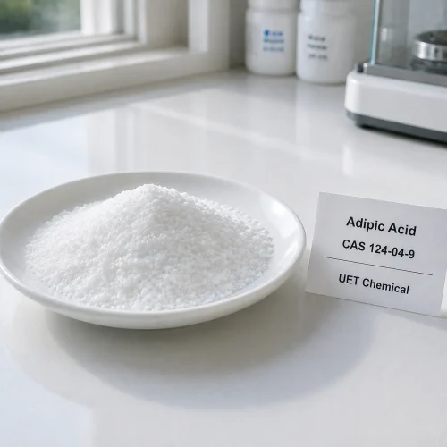 adipic-acid-cas-124-04-9-white-crystalline-powder White crystalline adipic acid powder (CAS 124-04-9) sample on a lab dish - UET Chemical