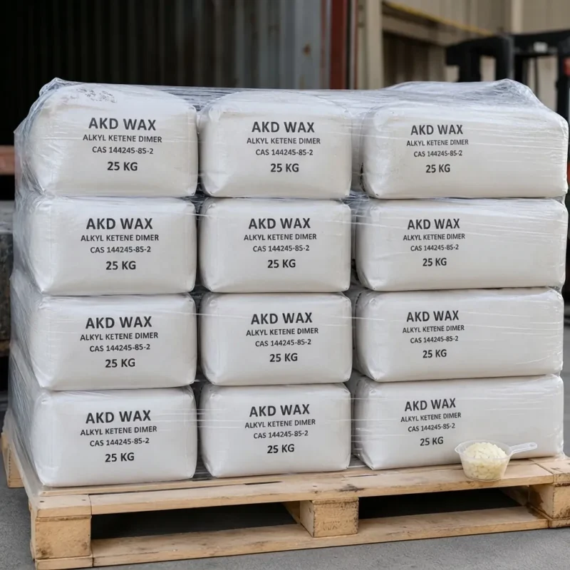 Stack of 25kg white woven bags of Alkyl Ketene Dimer (AKD Wax) CAS 144245-85-2 on wooden pallet, shrink-wrapped for stability, with sample flakes shown in scoop, labeled for industrial paper sizing use.