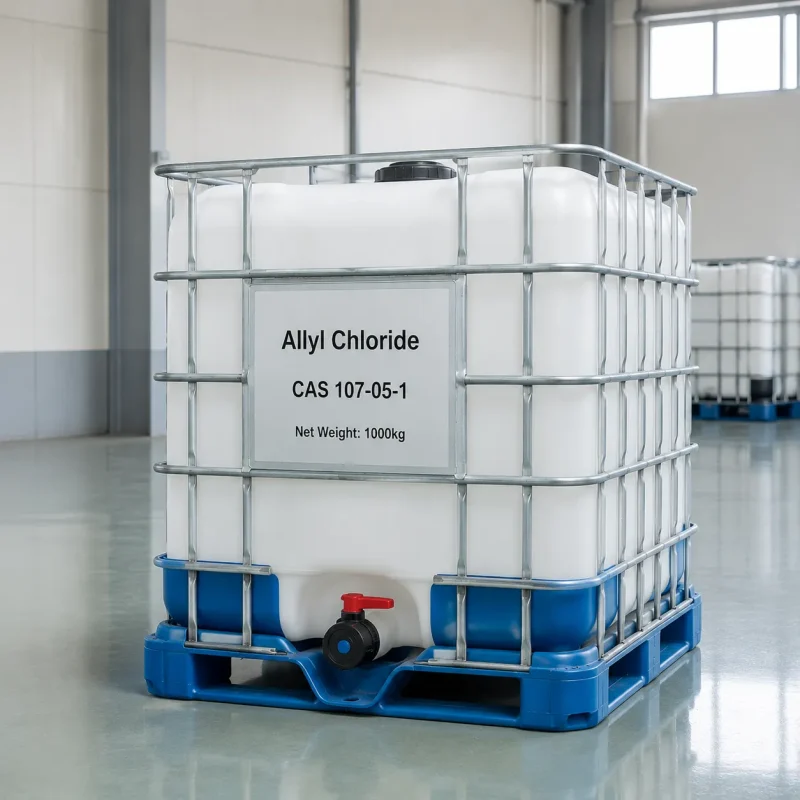 allyl-chloride-cas-107-05-1-1000kg-ibc-tote-tank 1000kg IBC tote tank of Allyl Chloride CAS 107-05-1 on a blue plastic pallet in a warehouse, label showing product name and net weight.