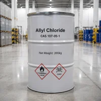 allyl-chloride-cas-107-05-1-200kg-white-metal-drum 200kg white metal drum of Allyl Chloride CAS 107-05-1 in a warehouse, label showing flammable liquid and toxic hazard symbols.