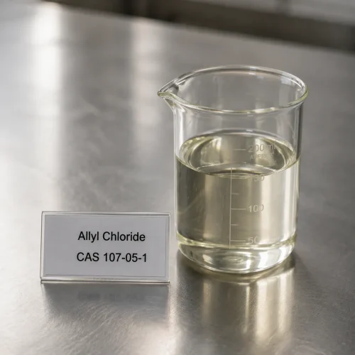 allyl-chloride-cas-107-05-1-clear-liquid-sample-beaker Clear liquid sample of Allyl Chloride CAS 107-05-1 in a transparent glass beaker on a metal lab bench, next to a label card showing product name and CAS number.