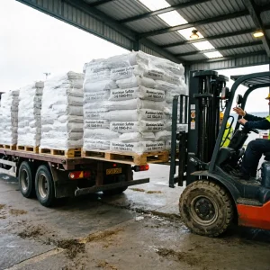 aluminium-sulfate-cas-10043-01-3-forklift-truck-loading-export Forklift loading pallets of Aluminium Sulfate (CAS 10043-01-3) 25kg bags wrapped in plastic film onto a truck in the warehouse, ensuring efficient bulk export logistics and fast delivery for international clients.