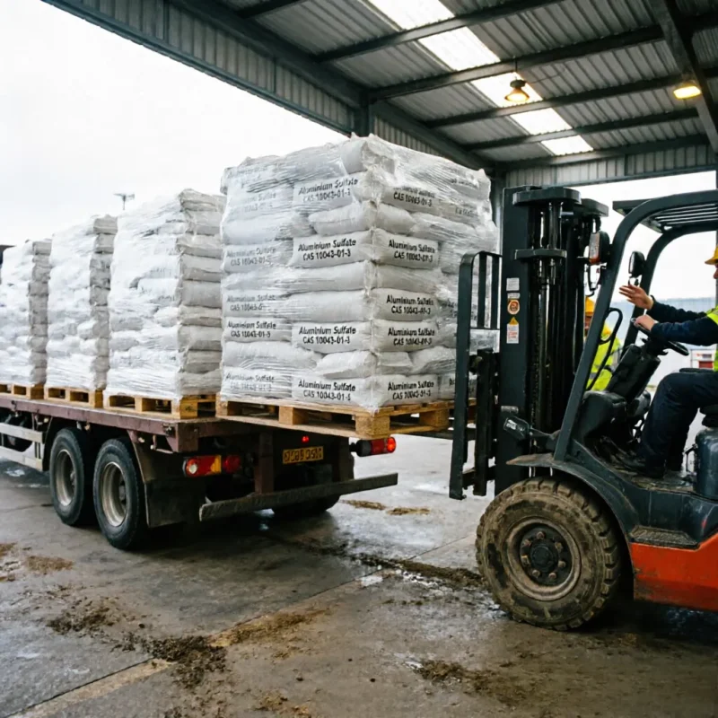 aluminium-sulfate-cas-10043-01-3-forklift-truck-loading-export Forklift loading pallets of Aluminium Sulfate (CAS 10043-01-3) 25kg bags wrapped in plastic film onto a truck in the warehouse, ensuring efficient bulk export logistics and fast delivery for international clients.