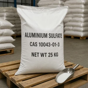 aluminium-sulfate-cas-10043-01-3-white-crystalline-granules-packaging Close-up view of Aluminium Sulfate (CAS 10043-01-3) white crystalline granules displayed with a stainless steel scoop next to a 25kg woven bag, showcasing the fine physical texture of this premium water treatment flocculant.