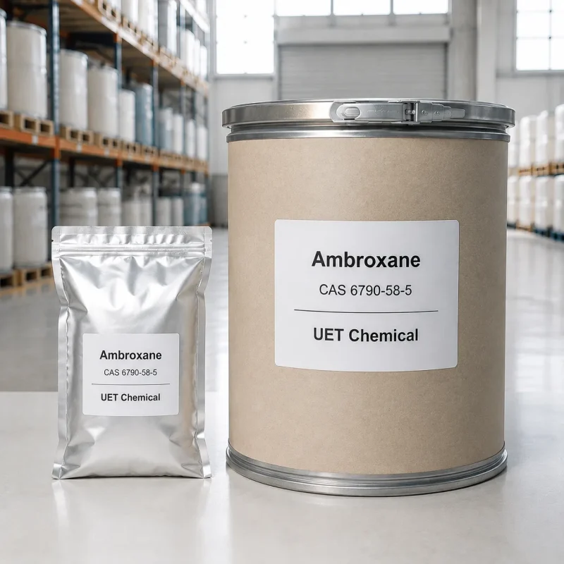 ambroxane-cas-6790-58-5-bulk-packaging Ambroxane CAS 6790-58-5 export packaging: aluminum foil bag and fiber drum with metal lid, stocked in UET Chemical warehouse