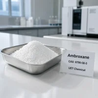 ambroxane-cas-6790-58-5-white-crystals High-purity white Ambroxane crystals CAS 6790-58-5 in a stainless steel tray, quality control lab of UET Chemical