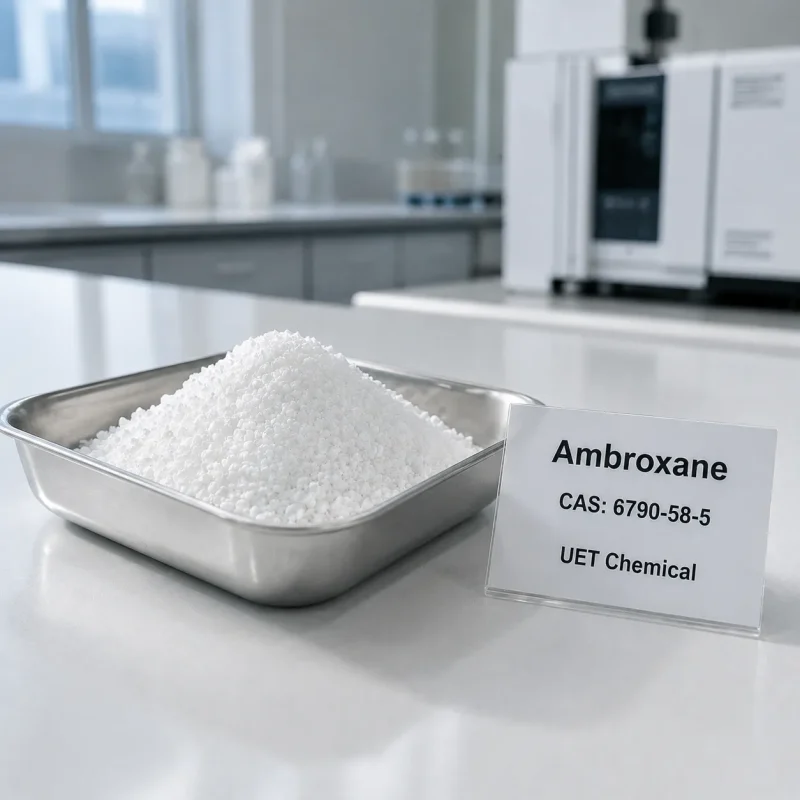 ambroxane-cas-6790-58-5-white-crystals High-purity white Ambroxane crystals CAS 6790-58-5 in a stainless steel tray, quality control lab of UET Chemical