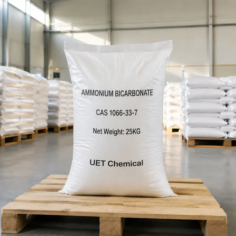 ammonium-bicarbonate-25kg-pp-woven-bag-pallet-cas-1066-33-7 25kg PP woven bag of ammonium bicarbonate CAS 1066-33-7 by UET Chemical on warehouse pallet with bulk stock