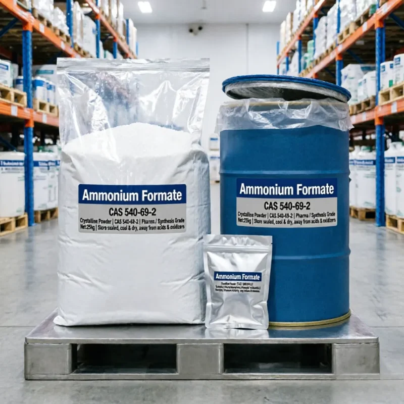 ammonium-formate-cas-540-69-2-25kg-bag-drum-sample-packaging Bulk 25kg inner PE bag and blue drum packaging for Ammonium Formate CAS 540-69-2, accompanied by a sealed silver foil sample bag, clearly labeled with Pharma/Synthesis Grade for safe industrial supply.