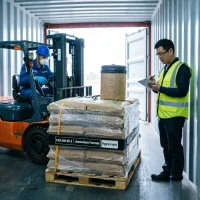 ammonium-formate-cas-540-69-2-container-loading-hygroscopic-export Forklift driver loading a pallet of Ammonium Formate CAS 540-69-2 bulk sacks into a shipping container while a supervisor checks shipping documents. The pallet is labeled with a "Hygroscopic" warning for safe chemical transport.