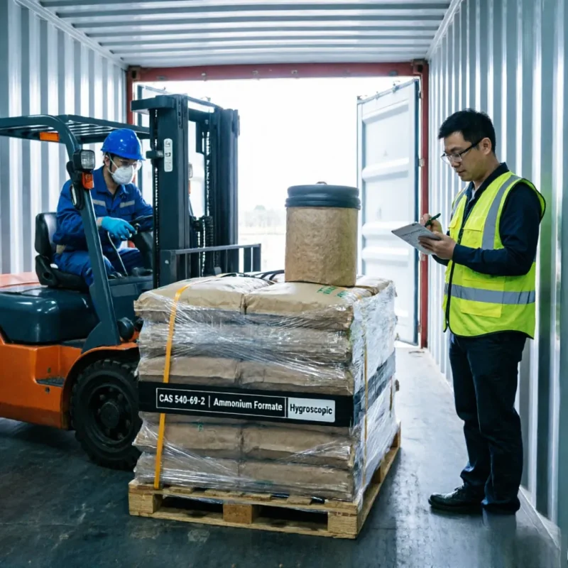 ammonium-formate-cas-540-69-2-container-loading-hygroscopic-export Forklift driver loading a pallet of Ammonium Formate CAS 540-69-2 bulk sacks into a shipping container while a supervisor checks shipping documents. The pallet is labeled with a "Hygroscopic" warning for safe chemical transport.