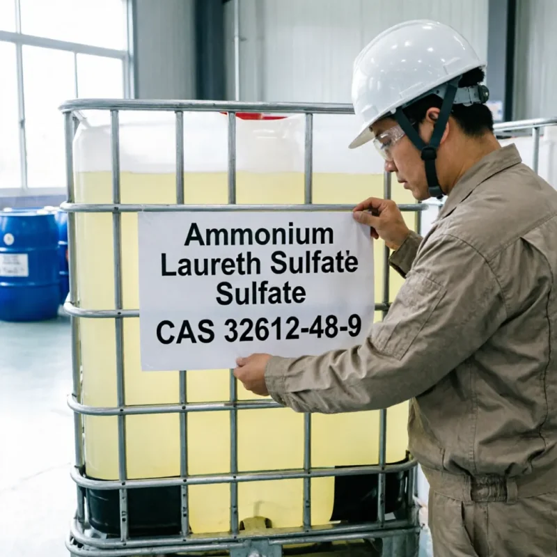ammonium-laureth-sulfate-cas-32612-48-9-ibc-tote-tank-labeling Factory worker labeling an IBC tote of Ammonium Laureth Sulfate (ALES) CAS 32612-48-9, showcasing large volume industrial packaging and quality assurance.