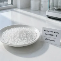 ammonium-nitrate-cas-6484-52-2-white-prills-granules White prilled ammonium nitrate CAS 6484-52-2 granules sample on a lab dish, supplied by UET Chemical