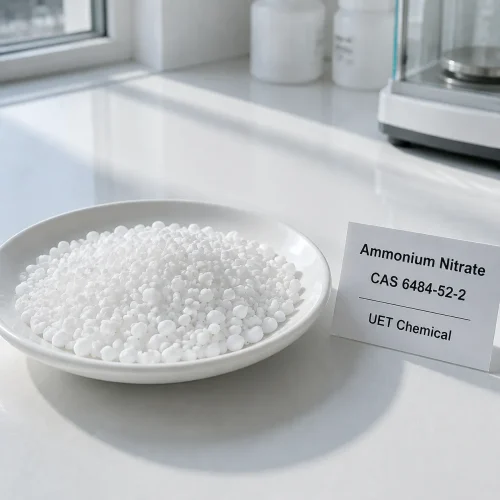 White prilled ammonium nitrate CAS 6484-52-2 granules sample on a lab dish, supplied by UET Chemical